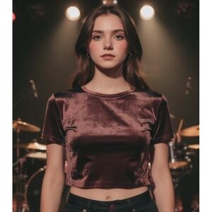 DKNY Classic Brown Crushed Velvet Short Sleeve Top Women's Size L